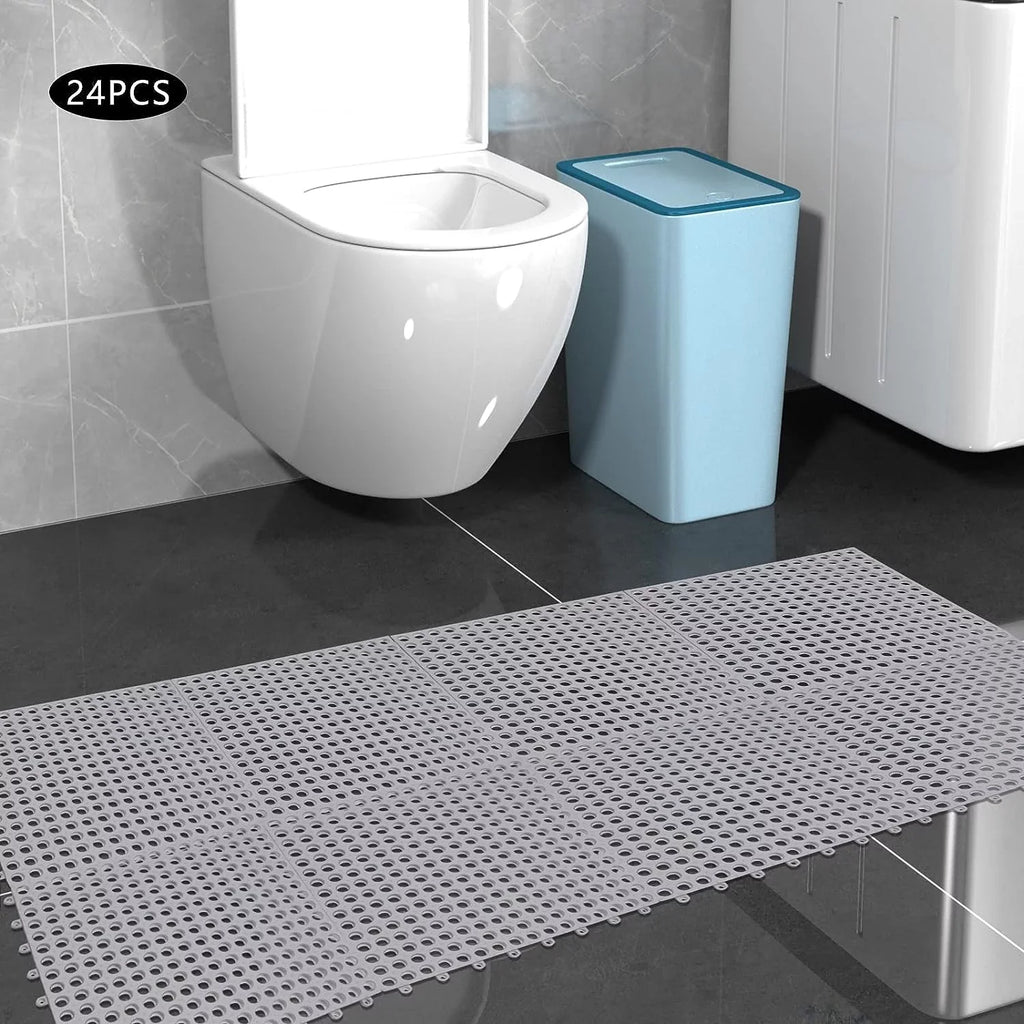 24PCs 11.8*11.8" Interlocking Nonslip Bath Mat;Soft Gray PVC Shower Floor Mat with Drainage Holes for Bathroom; Kitchen; Pool