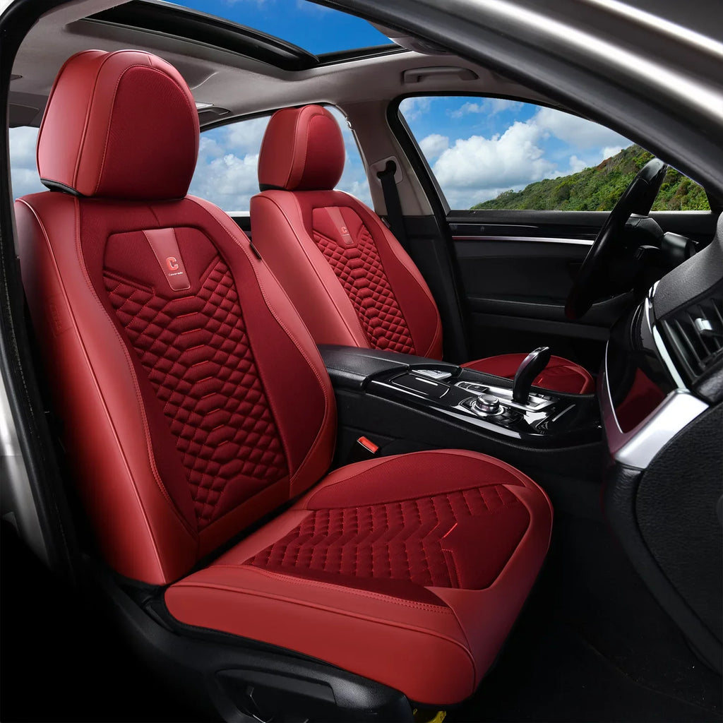 Coverado Red Car Seat Covers for Women; 5 Seats Leather & Fabric Full Set Front Back Auto Seat Protectors; Breathable Car Interior Universal Fit Most Sedans SUV Pickup Trucks