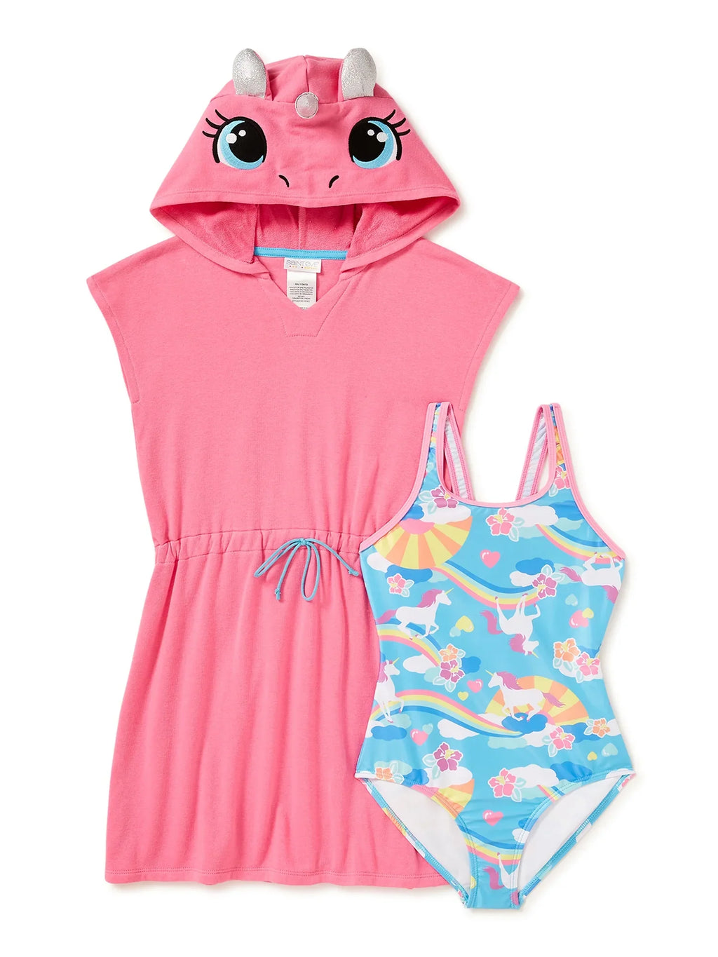 Saint Eve Toddler Girls Unicorn Cosplay Terry Cover-Up & One-Piece Swimsuit; 2-Piece Swim Set; Sizes 2T-4T