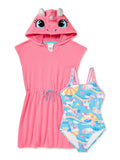 Saint Eve Toddler Girls Unicorn Cosplay Terry Cover-Up & One-Piece Swimsuit; 2-Piece Swim Set; Sizes 2T-4T
