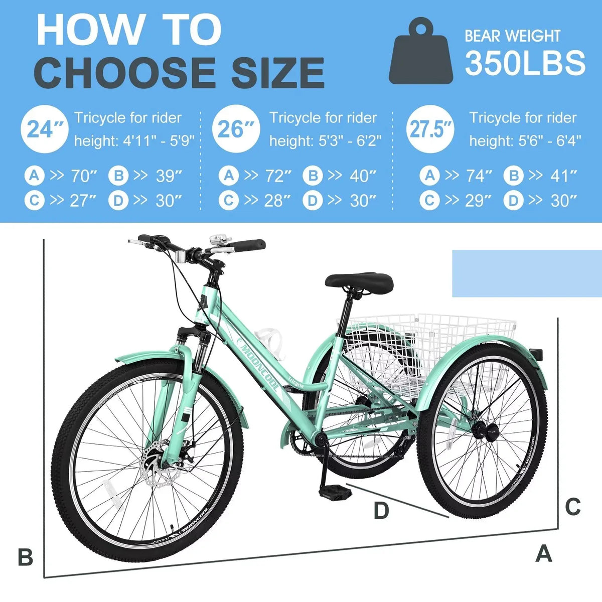 MOPHOTO Adults Mountain Tricycles; 24"/26"/27.5" 7-Speed Heavy Duty Trikes w/Spacious Basket 3-Wheeled Bike for Adventurous Rides; Shopping; Exercise; and Recreation
