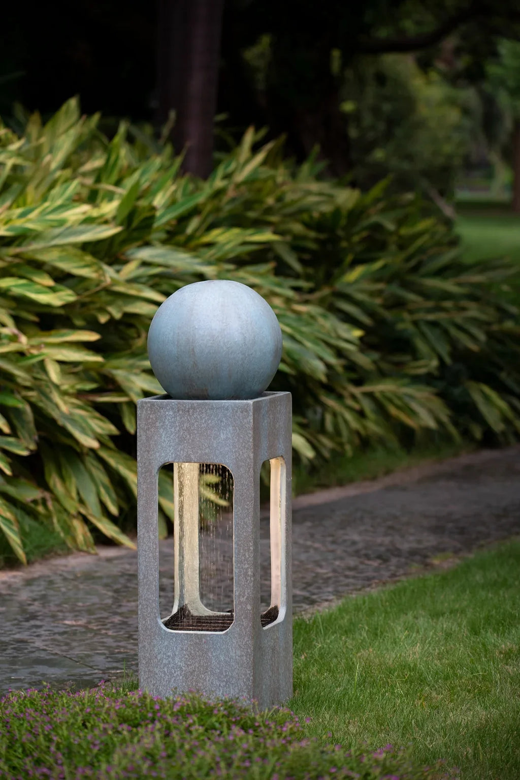 CoSoTower 13X13X44" Tall Contemporary Sphere Outdoor Fountain; Cement/Concrete Outdoor Fountain; Antique Blue Raindrop Feature with Light for Garden; Lawn; Deck & Patio