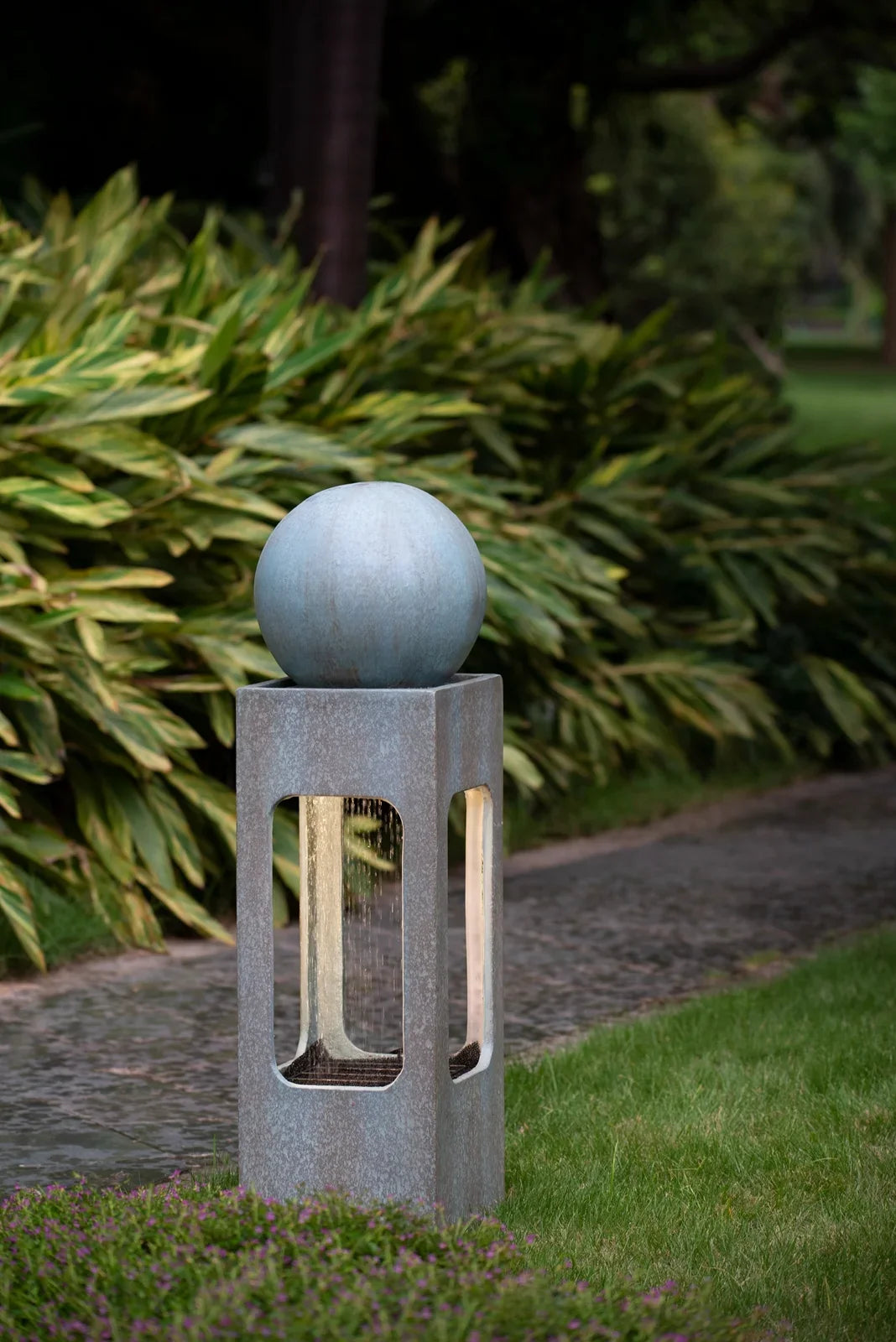 CoSoTower 13X13X44" Tall Contemporary Sphere Outdoor Fountain; Cement/Concrete Outdoor Fountain; Antique Blue Raindrop Feature with Light for Garden; Lawn; Deck & Patio