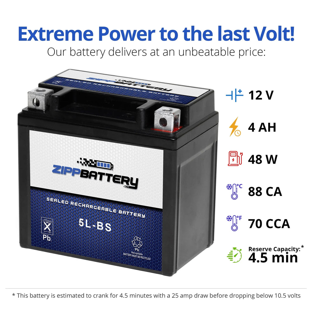 Zipp Battery Ytx5L-Bs Atv Battery for Arctic Cat 90Cc Dvx90; Utility 2008