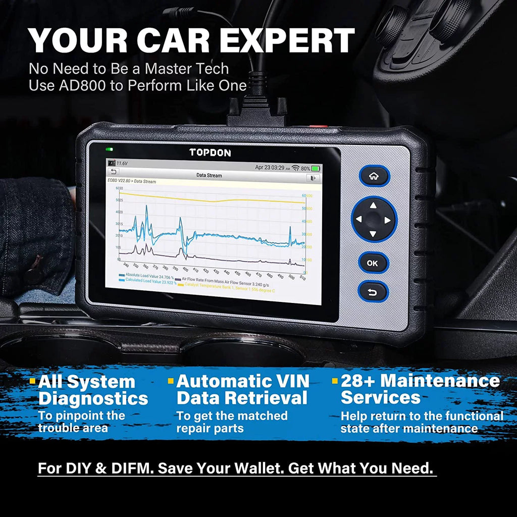 OBD2 Scanner; TOPDON AD800 Car Diagnostic Scan Tool All System Scan 28+ Reset Service; Oil Reset; ABS Bleed; Injector Coding; 2 Years Free Update