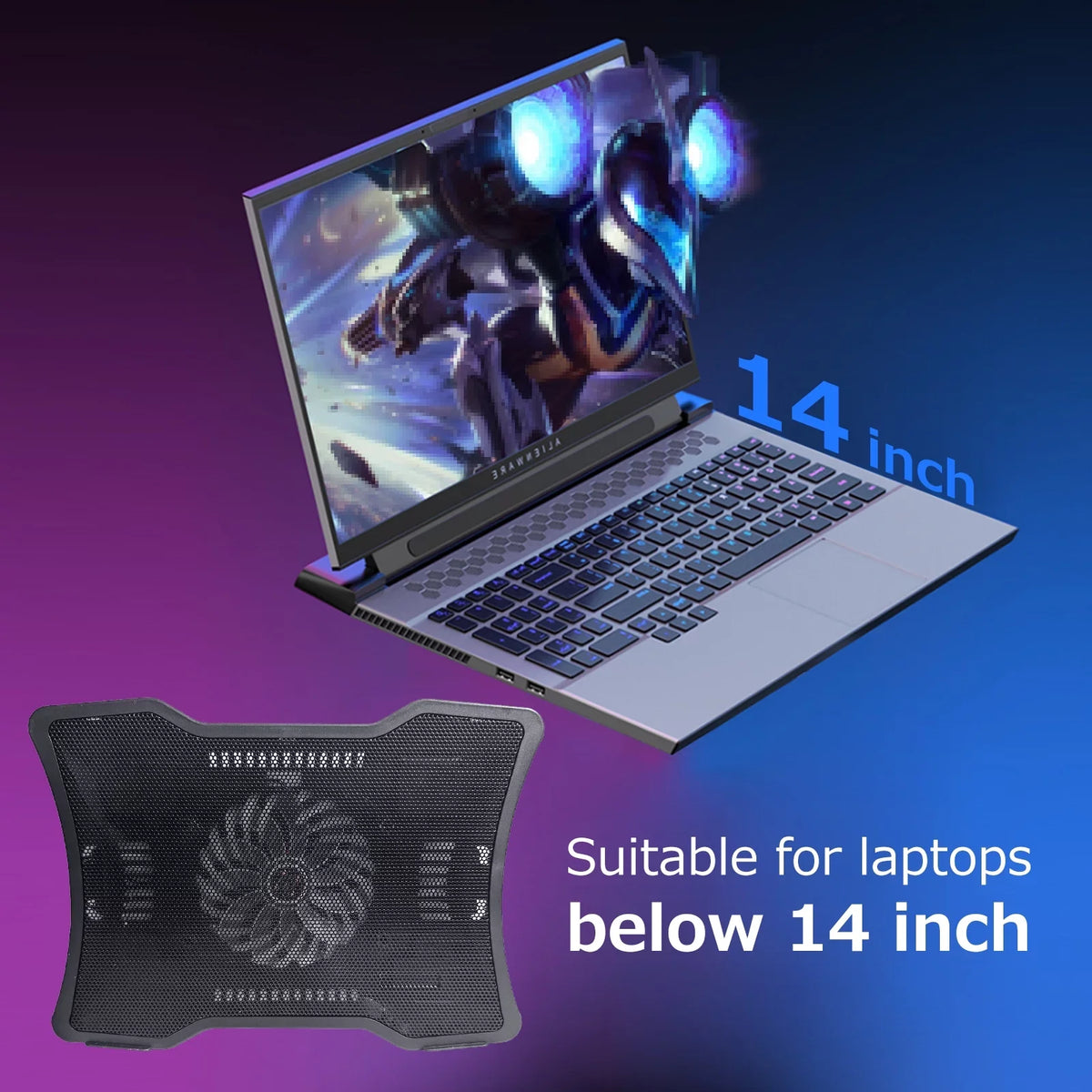 Carevas Portable Computer Cooler Computer Cooling Base Single Fan Design Low Noise Two USB Ports Support Computers Below 14 inch