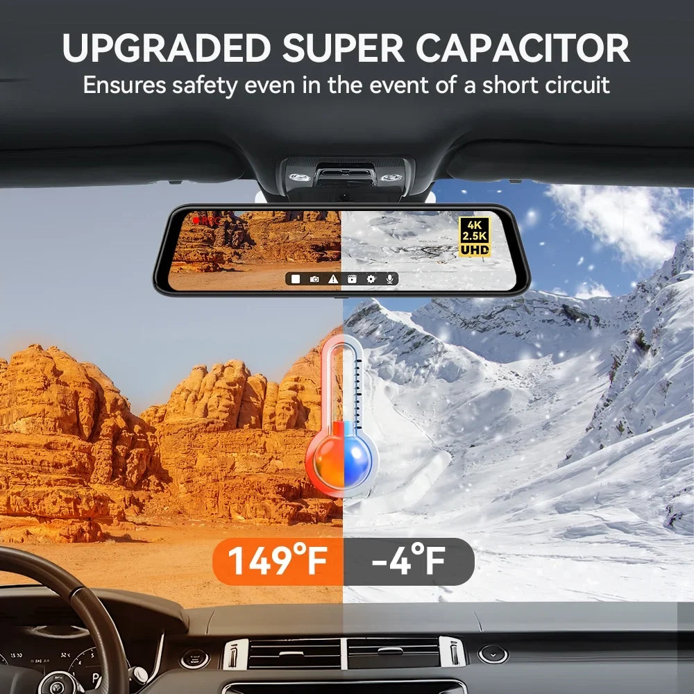 WOLFBOX 12" Rear View Mirror Dash Cam; 4K Mirror Dash Cam Front and 2.5K Rear Camera; Rearview Dash Camera for Car with WDR; Night Vision; Free 64GB Card & GPS