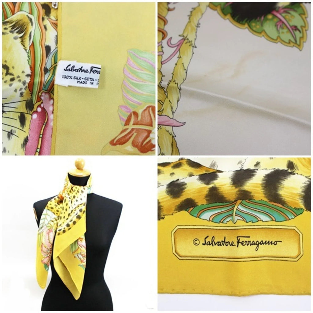 Salvatore Ferragamo Silk Scarf Muffler Leopard Print Yellow Women's (Good)