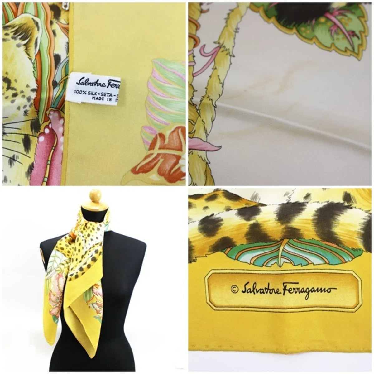 Salvatore Ferragamo Silk Scarf Muffler Leopard Print Yellow Women's (Good)