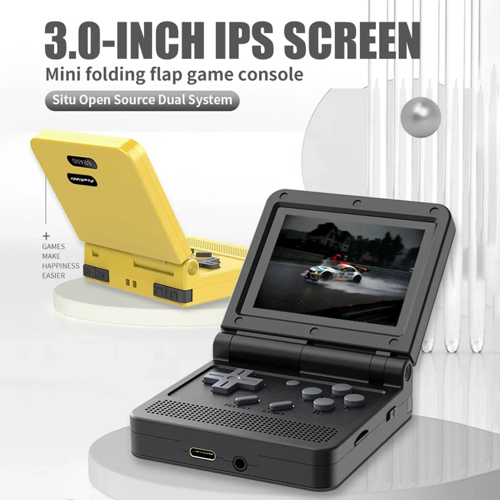 Powkiddy Handheld Game Console; 3.0-inch IPS Screen; Mini Folding Flap Design; 15 Emulators; Rechargeable and Portable for Endless Gaming