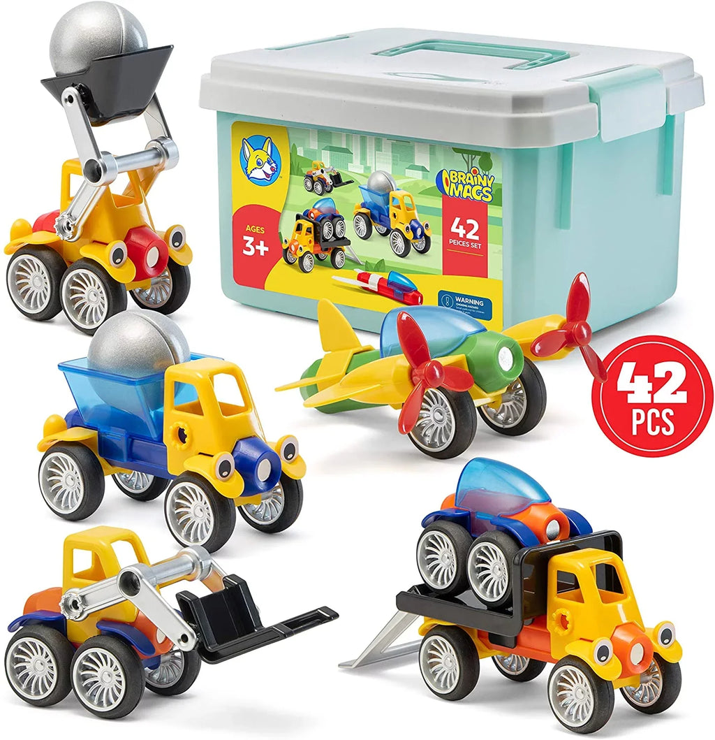 Play Brainy 42 pc. Stem Magnetic Toy Cars and Vehicles with Storage Case for Child Ages 3 and up