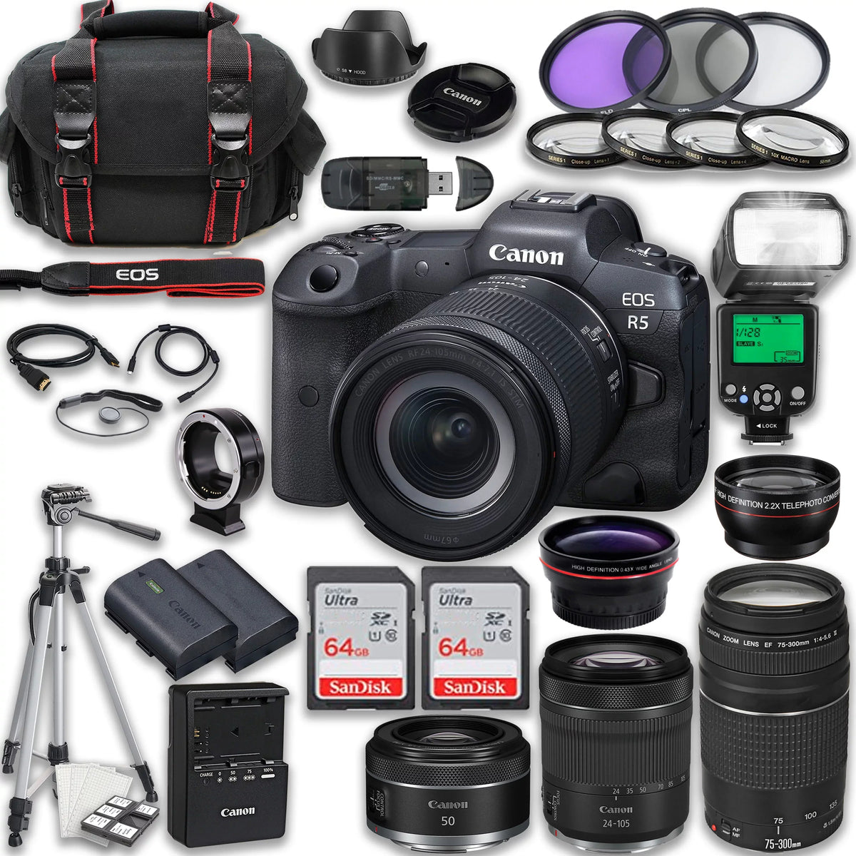 Canon EOS R5 Full Frame Mirrorless Camera with RF 24-105mm STM & 75-300mm f/4-5.6 III + RF 50mm f/1.8 STM Lenses + 128GB Memory Card + Accessories including: TTL Flash; Extra Battery; Tripod & More