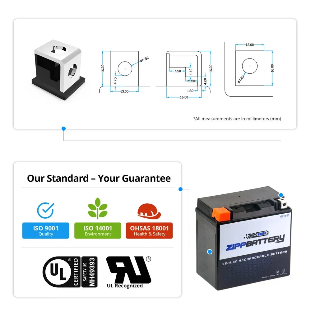 Zipp Battery YTX14-BS (14-BS 12 Volt;12 Ah; 200 CCA) Motorcycle Battery for Honda 1100cc Vt1100c; C3; T Shadow (spirit; Aero; A. C. E. Tourer) 2001