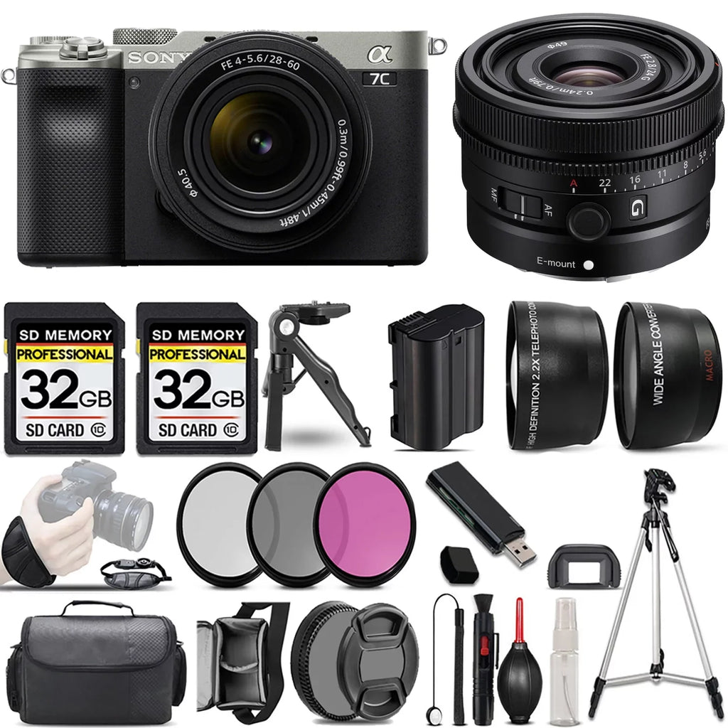 Sony a7C Mirrorless Camera (Silver) with 28-60mm Lens+24mm f/2.8 G Lens +3 PC Filter +64GB