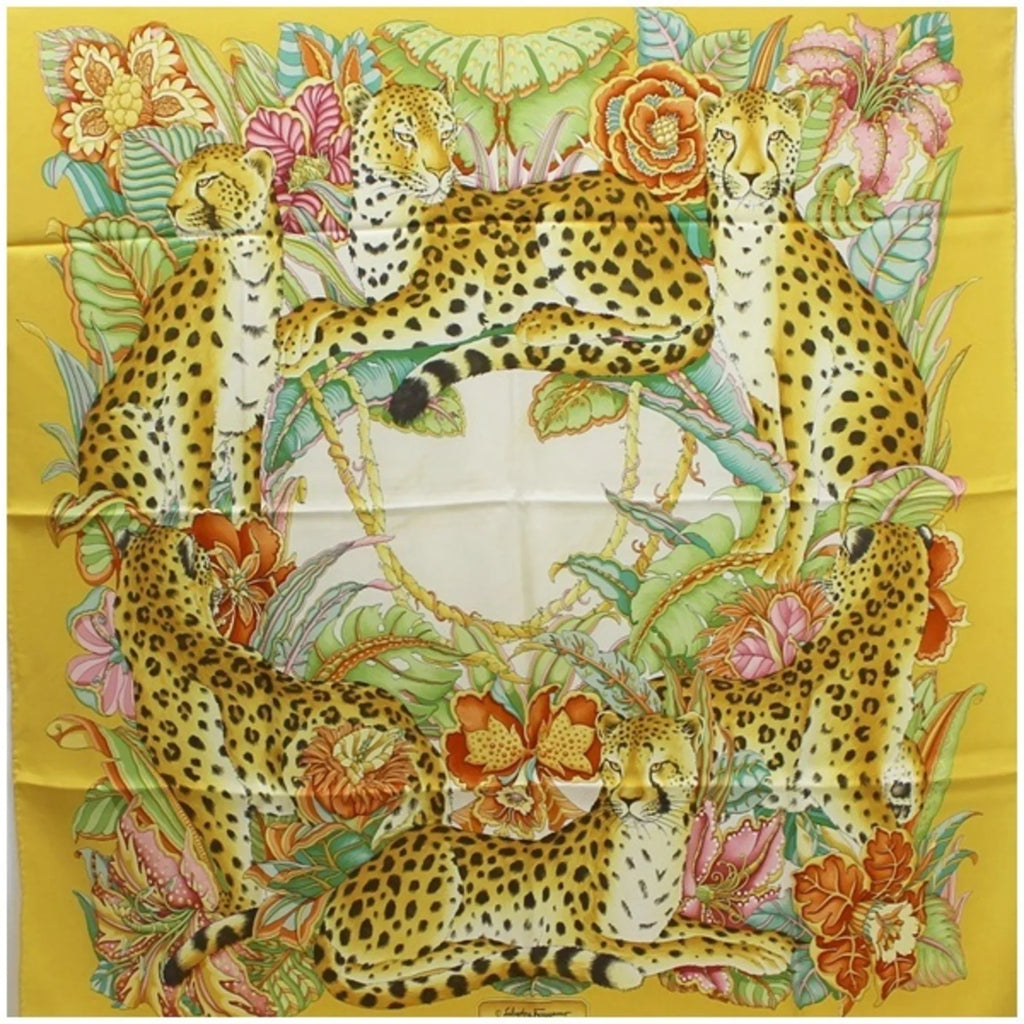 Salvatore Ferragamo Silk Scarf Muffler Leopard Print Yellow Women's (Good)