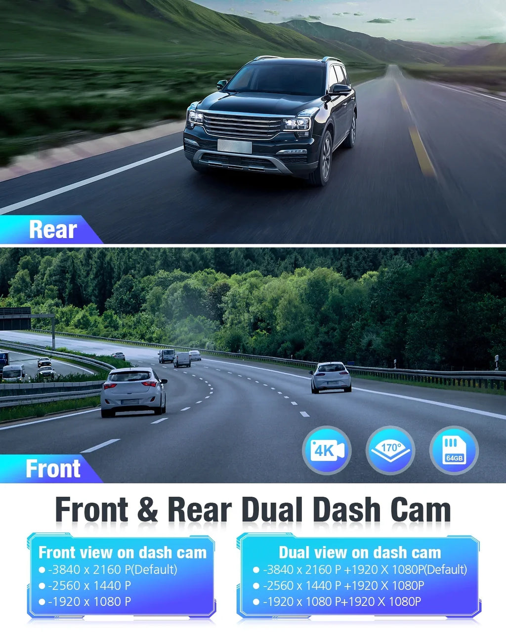 Dual Dash Cam Front and Rear; OMBAR 4K 1080P 5G WiFi & GPS Full HD Car Dashcam with 64G SD Card; WDR Night Vision; 24h Parking Mode; 170°Wide; G-Sensor; Loop Recording; APP