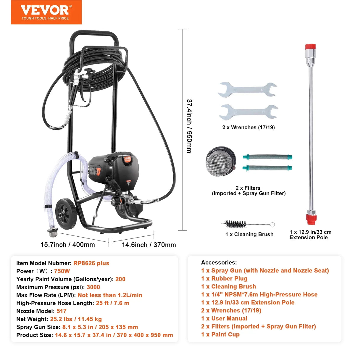 SKYSHALO Stand Airless Paint Sprayer; 750W High Efficiency Airless Stand Sprayer; 3000PSI Electric Paint Sprayer with Cleaning Kits for Painting Home Interior Exterior Walls; Ceiling; Fence; Cabinet