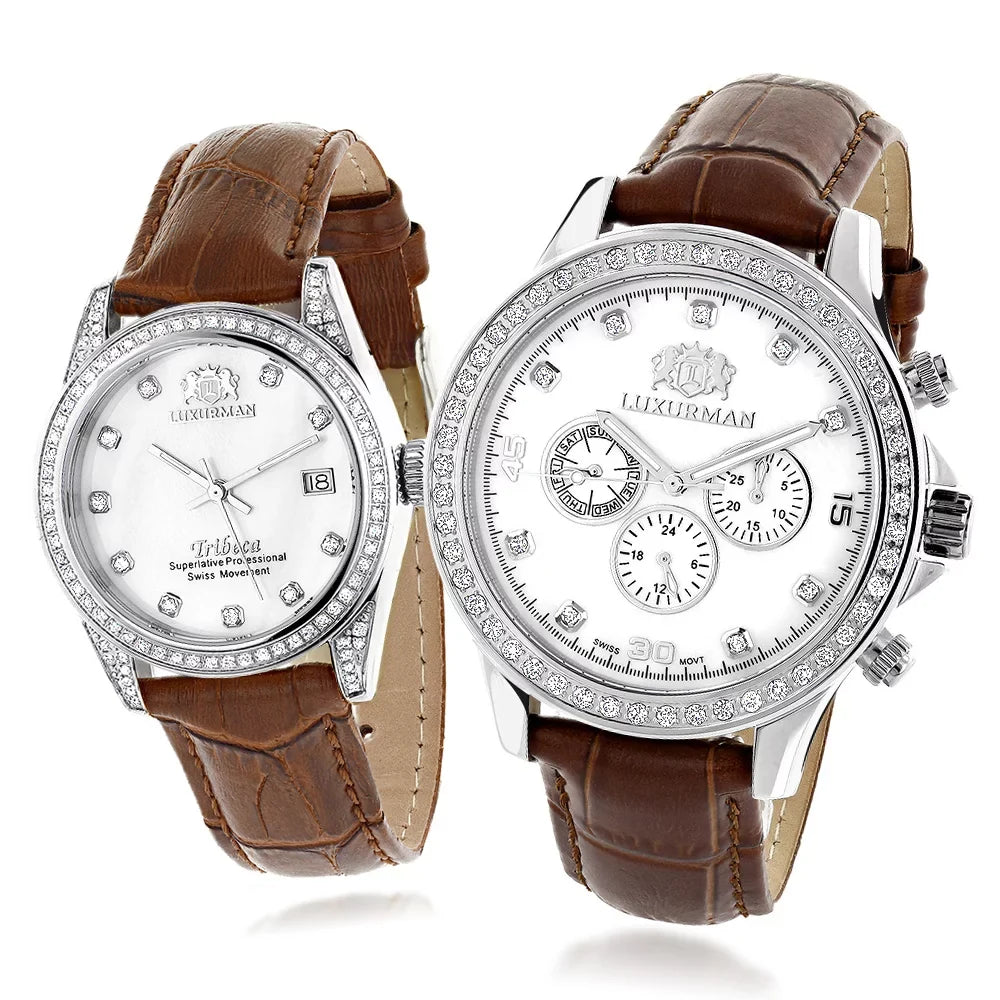 Matching His and Hers Watches White MOP Gold Plated Diamond Watches