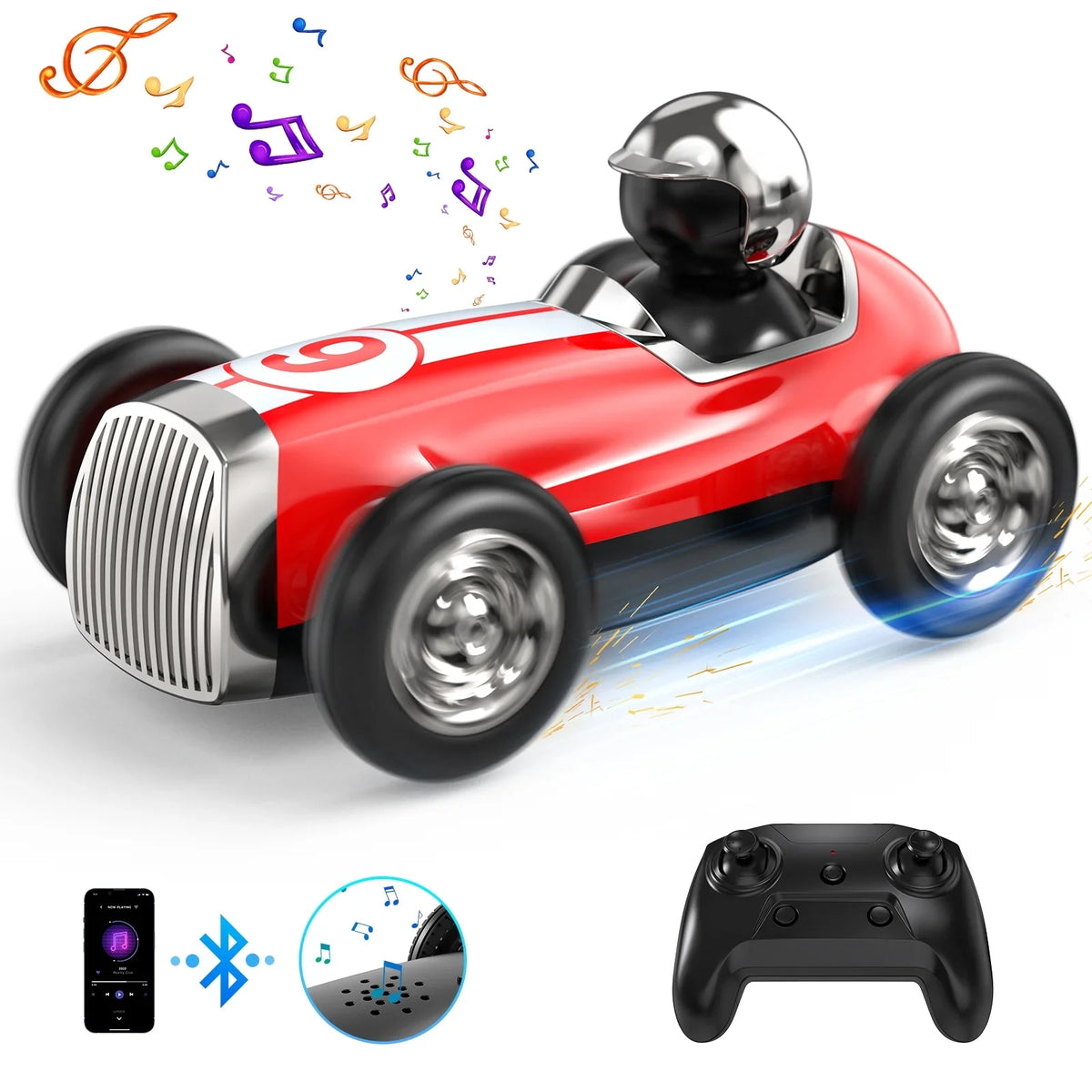 AUOSHI Remote Control Car with 2.4MHz Wireless Bluetooth Speaker 2 Speed Mode Fast RC Car for Kids RC Trucks Music RC Stunt Car Toys for Boys Girls Gifts; Red