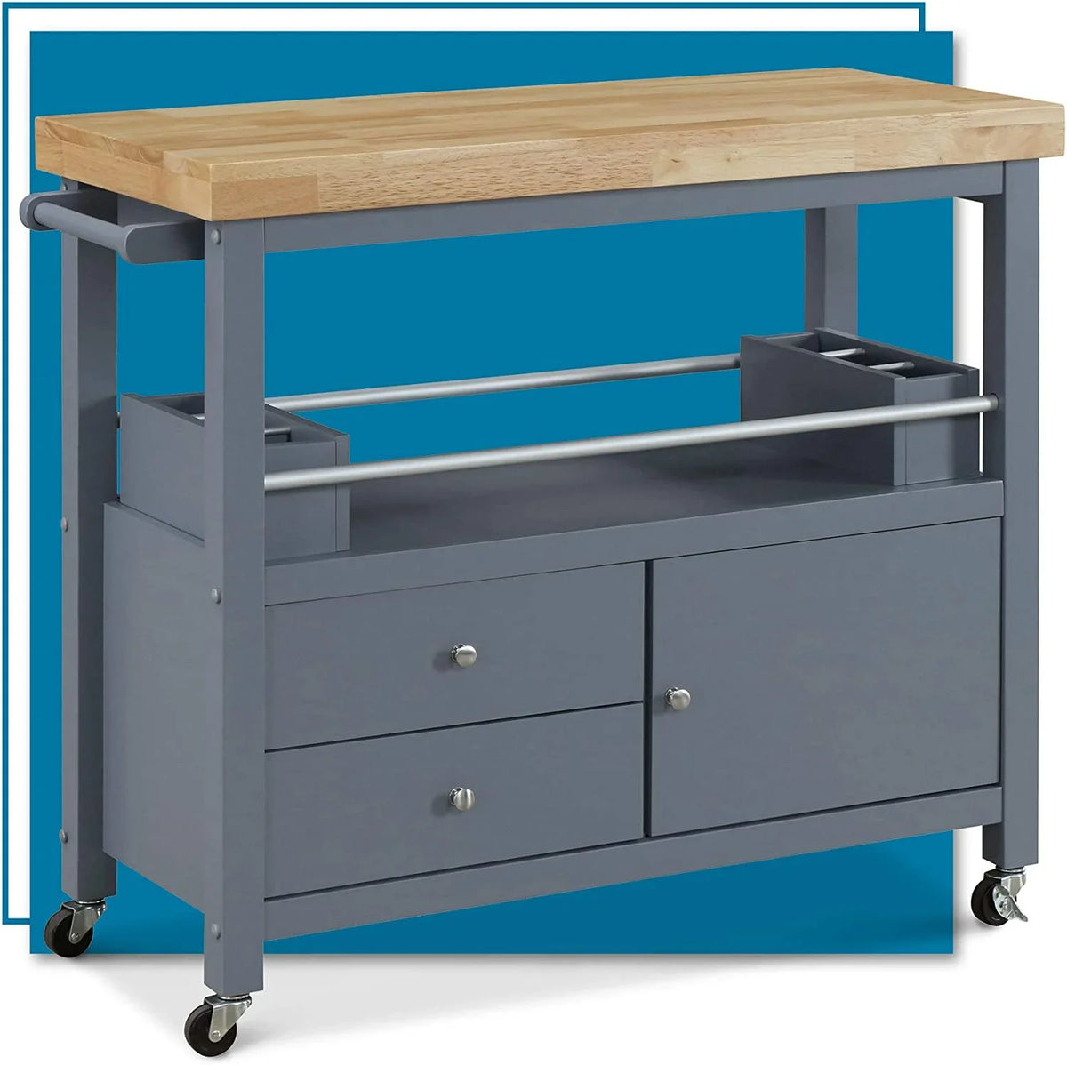 Anson Kitchen Island Bar Cart With Storage; Butcher Block Table; Rolling Wheels And Portable Cabinet Organization For Home Apartment ; Gray