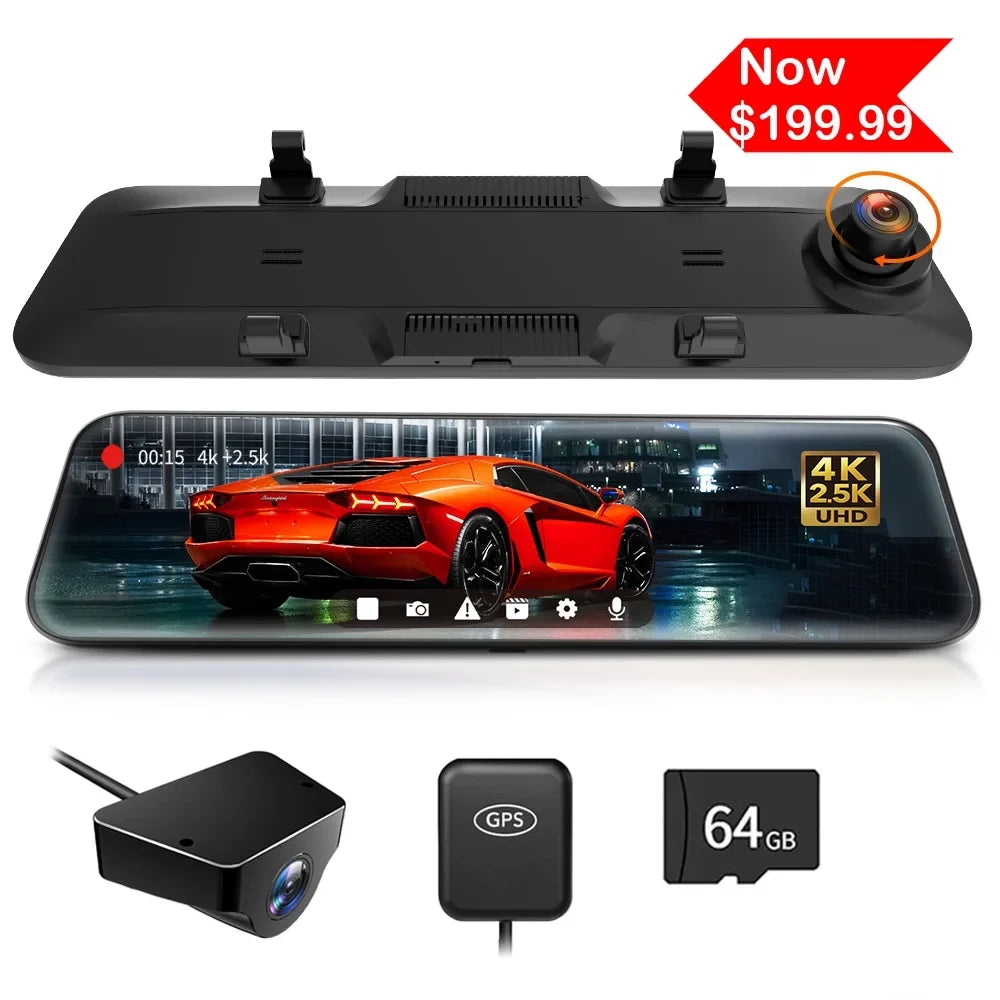WOLFBOX 12" Rear View Mirror Dash Cam; 4K Mirror Dash Cam Front and 2.5K Rear Camera; Rearview Dash Camera for Car with WDR; Night Vision; Free 64GB Card & GPS
