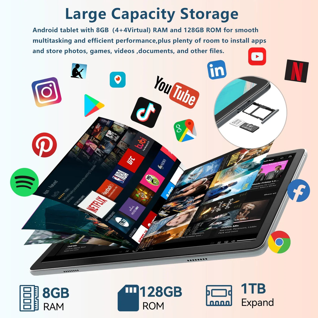 Tablet 10.1 inch Android Tablet;8GB RAM 128GB ROM Storage;Android 12.0 Tablet with Keyboard Wireless Mouse Case Stylus;5G WiFi Tablet;1TB Expandable;Octa-Core Processor;2024 Newest Tablet