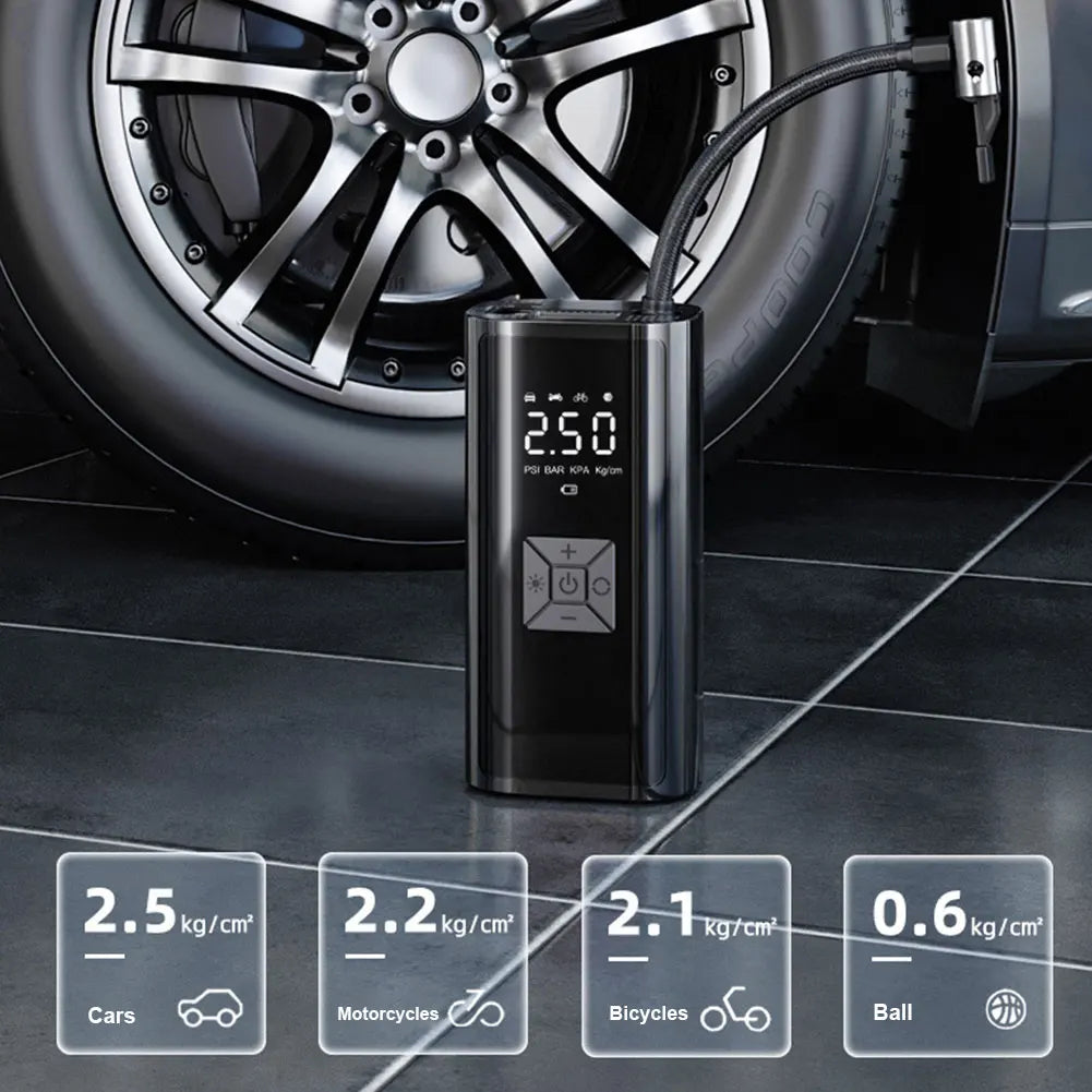 PowerCleany™ Electric Air Pump for Inflatables; Portable Air Compressor for Car Tires; Bicycles; Balls; Air Mattresses and Inflatable Boats; Emergency LED Light; Cordless Tire Inflator and Power Bank