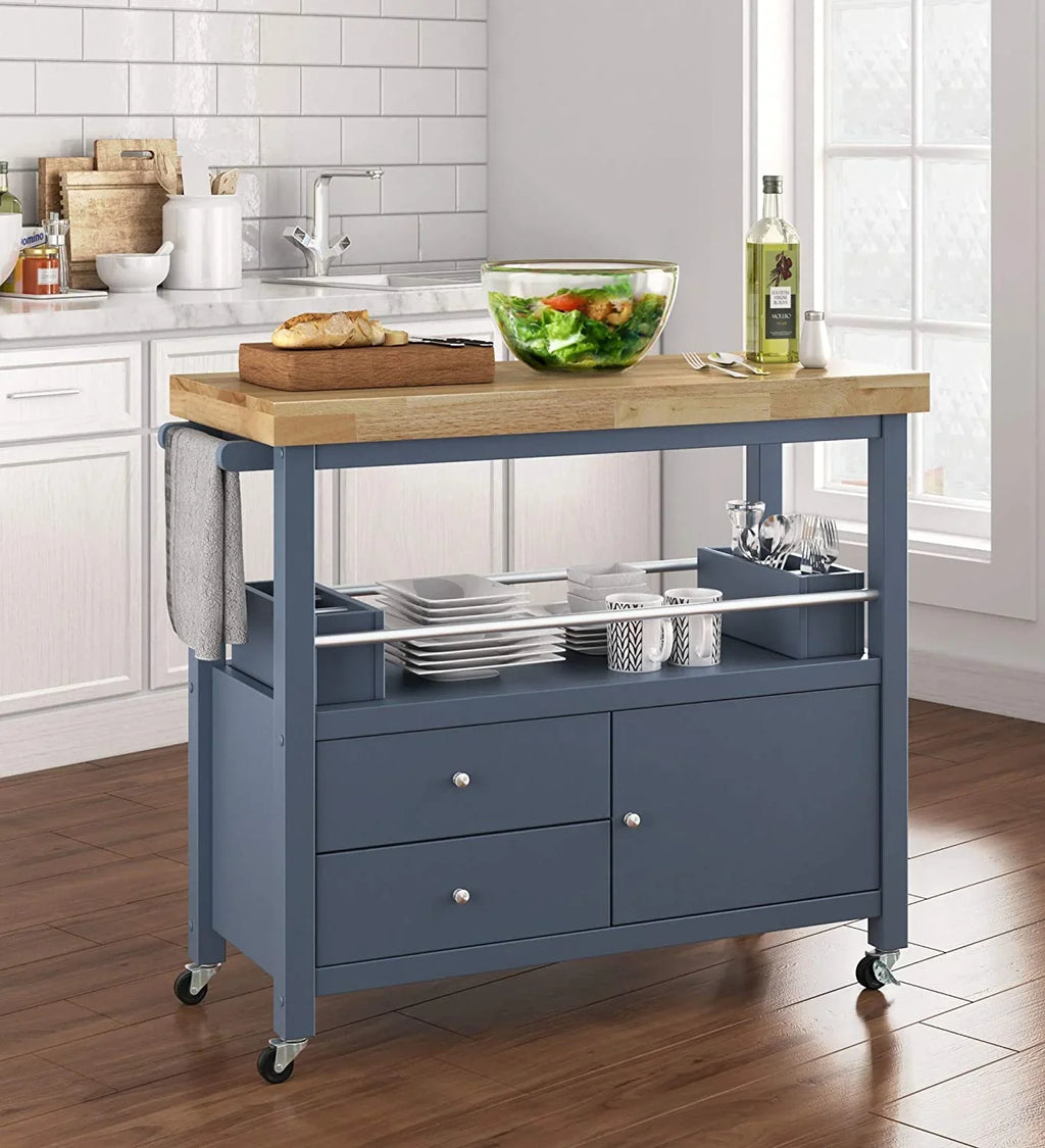 Anson Kitchen Island Bar Cart With Storage; Butcher Block Table; Rolling Wheels And Portable Cabinet Organization For Home Apartment ; Gray