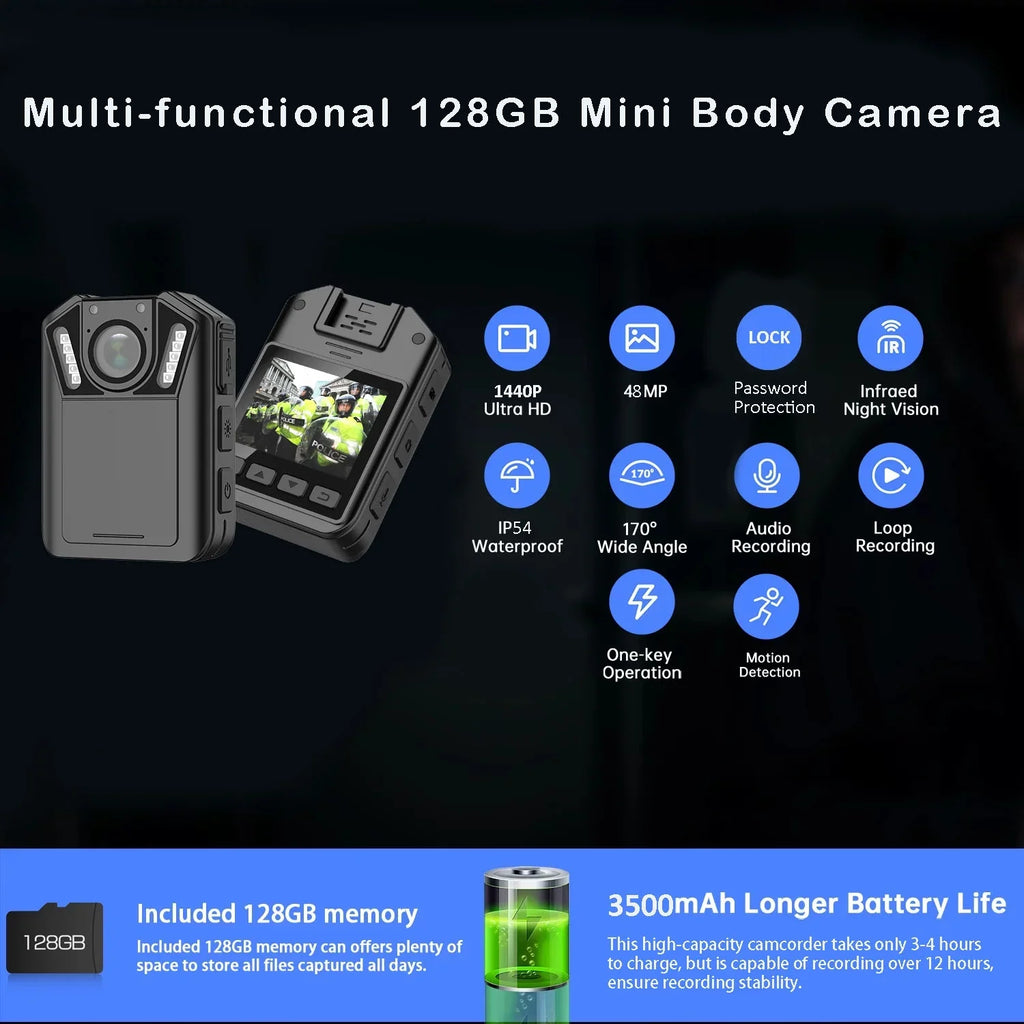 RONY 1440P Mini Body Camera - 128GB Wearable Police Body Camcorder with Night Vision - Fluidproof Body Cam with Audio and Video Recording for Law Enforcement Security Guard Home