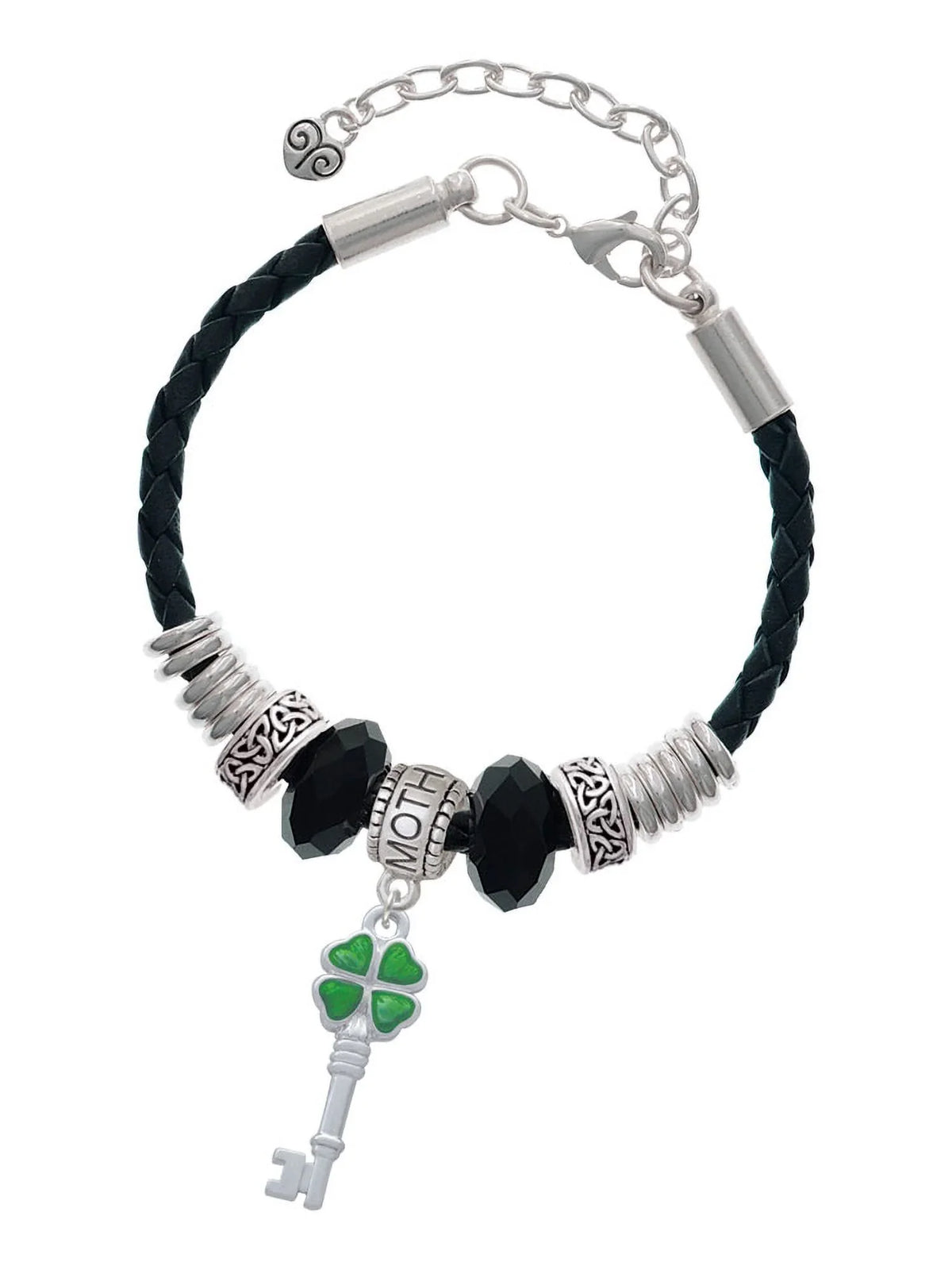 Delight Jewelry Silvertone Translucent Green Lucky Four Leaf Clover Key Mother Celtic Knot Leather Bead Bracelet; 7"+2" Extender