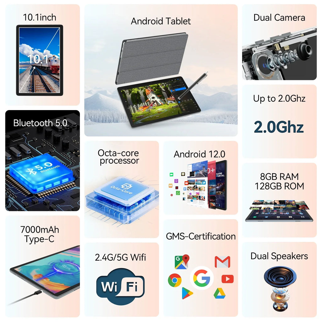 Tablet 10.1 inch Android Tablet;8GB RAM 128GB ROM Storage;Android 12.0 Tablet with Keyboard Wireless Mouse Case Stylus;5G WiFi Tablet;1TB Expandable;Octa-Core Processor;2024 Newest Tablet