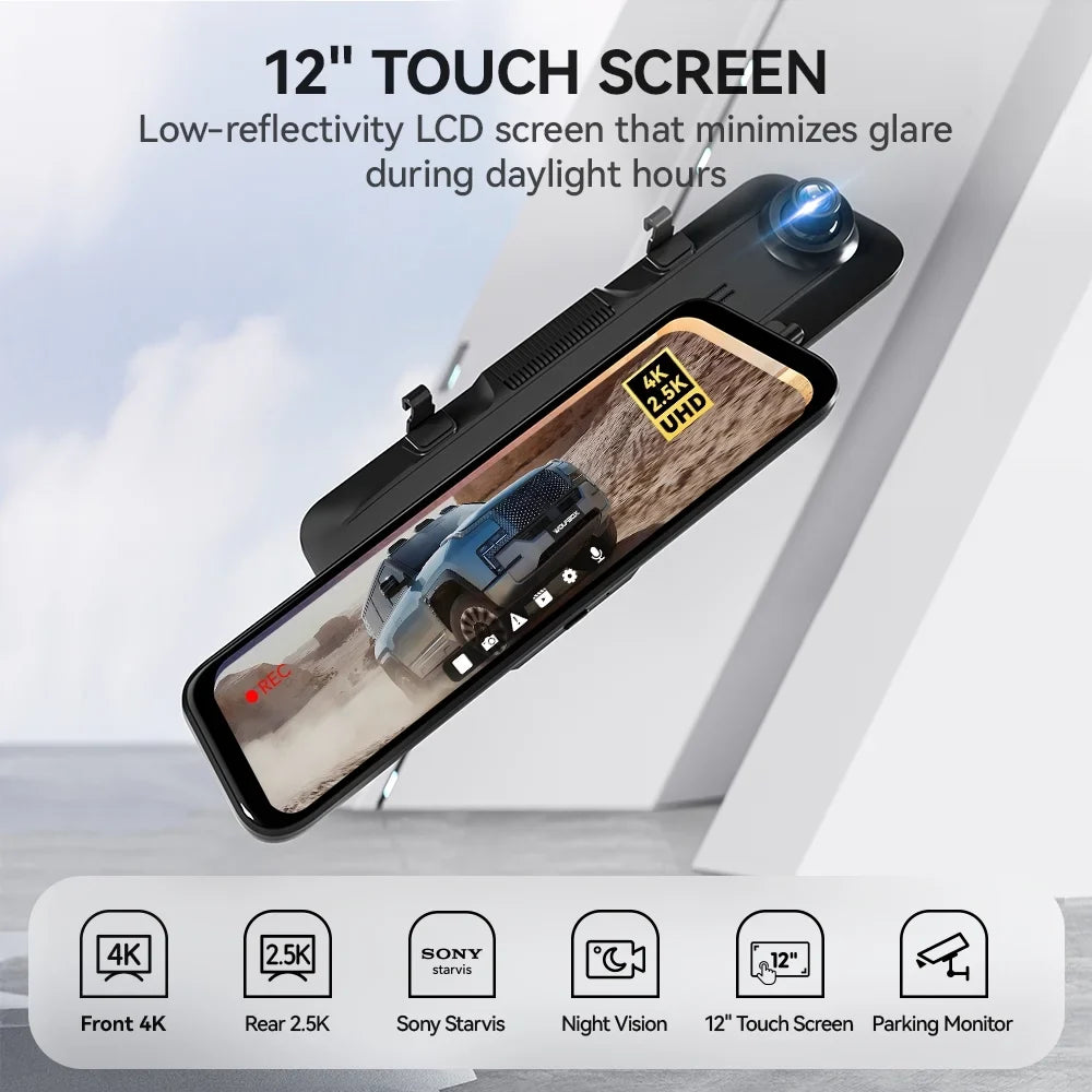 WOLFBOX 12" Rear View Mirror Dash Cam; 4K Mirror Dash Cam Front and 2.5K Rear Camera; Rearview Dash Camera for Car with WDR; Night Vision; Free 64GB Card & GPS