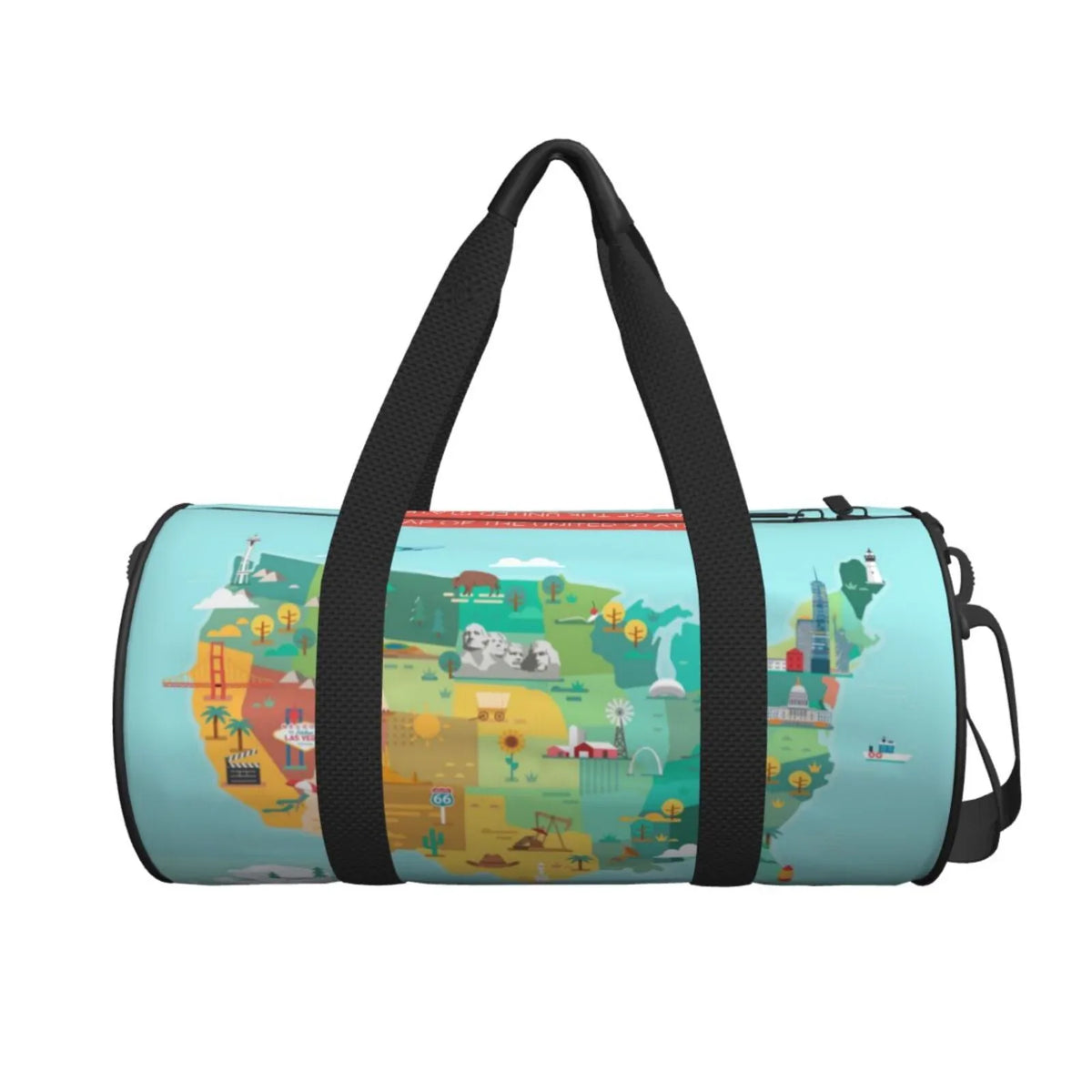 Coaee USA Tourist Map Large Capacity Travel Luggage Bag Cylinder Gym Bag Liquidproof Sports Bag with Pocket and Compartment