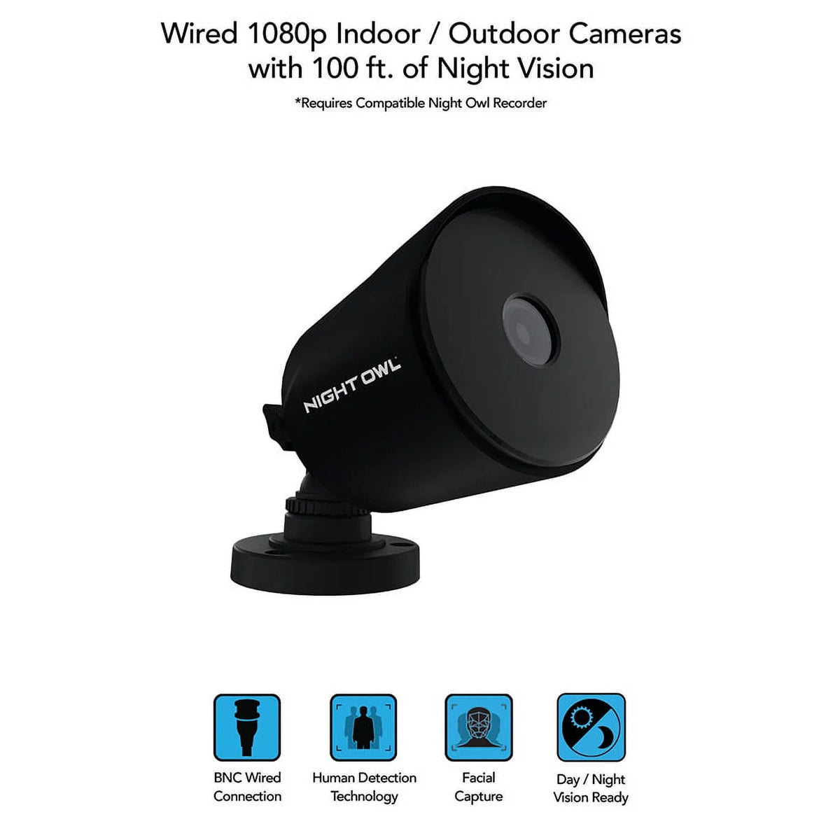 Night Owl Wired 1080p HD Surveillance Bullet Cameras; Indoor Outdoor; Night Vision; Black; 2-Pack; Add to a Compatible Night Owl Recorder