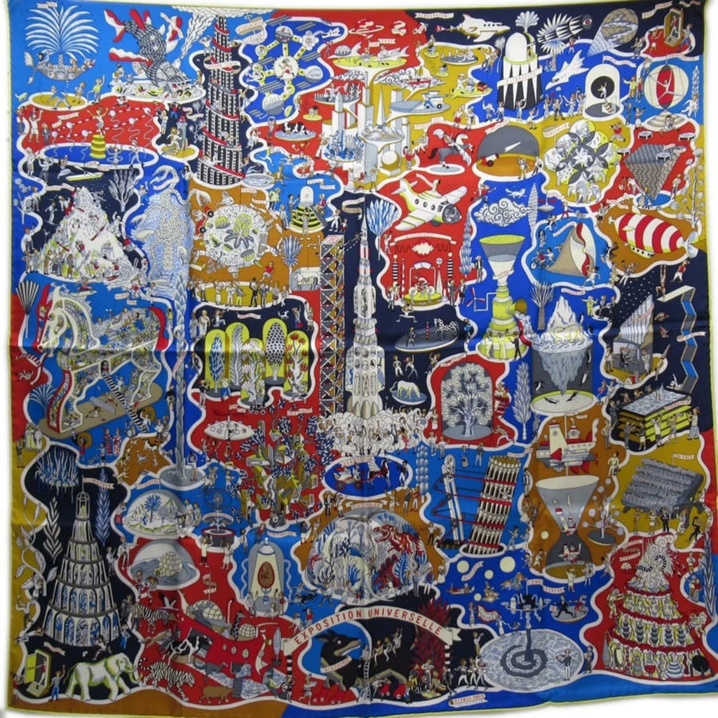 Hermes HERMES Scarf Carre 90 EXPOSITION UNIVERSELL World Exposition Blue Series 100% Silk (Like New)