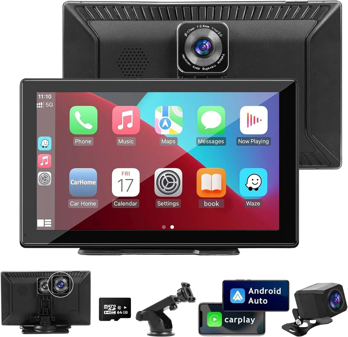 THONZER Portable Wireless Carplay Car Stereo with 2.5K Dash Cam - 9" HD IPS Screen; Android Auto; 1080p Backup Camera; Loop Recording; Bluetooth; GPS Navigation Head Unit; Car Radio Receiver