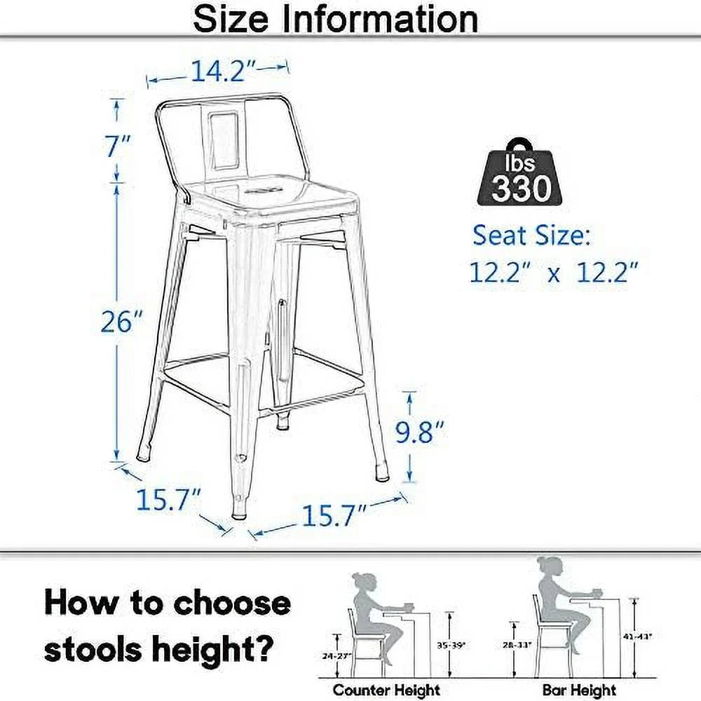SPBOOMlife Metal Stools Set of 4 Barstools Counter Height Stools with Back Industrial Stools Indoor Outdoor Kitchen Dining Chairs Modern Chairs Distressed Navy Blue 24inch Stools