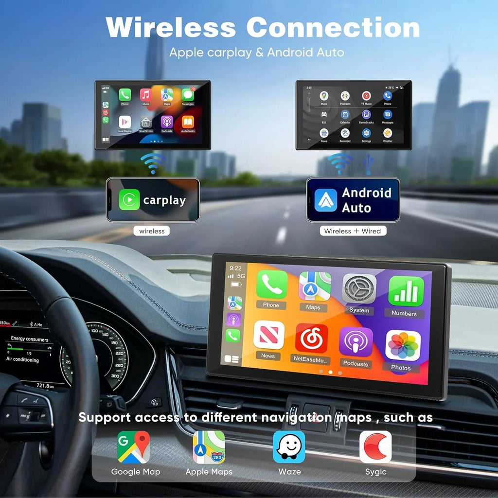 THONZER Portable Wireless Carplay Car Stereo with 2.5K Dash Cam - 9" HD IPS Screen; Android Auto; 1080p Backup Camera; Loop Recording; Bluetooth; GPS Navigation Head Unit; Car Radio Receiver