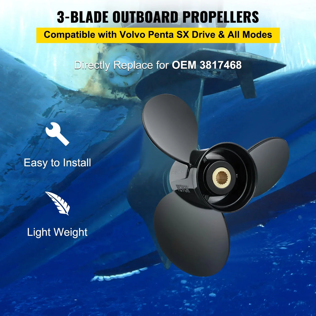 VEVOR Outboard Propeller; 3-Blade 14.5" x 19" Boat Propeller; Replace for OEM 3817468; Compatible with SX Sterndrives Outboard Volvo Penta Engine; Right-handed Aluminium Propeller & 19 Spline Teeth