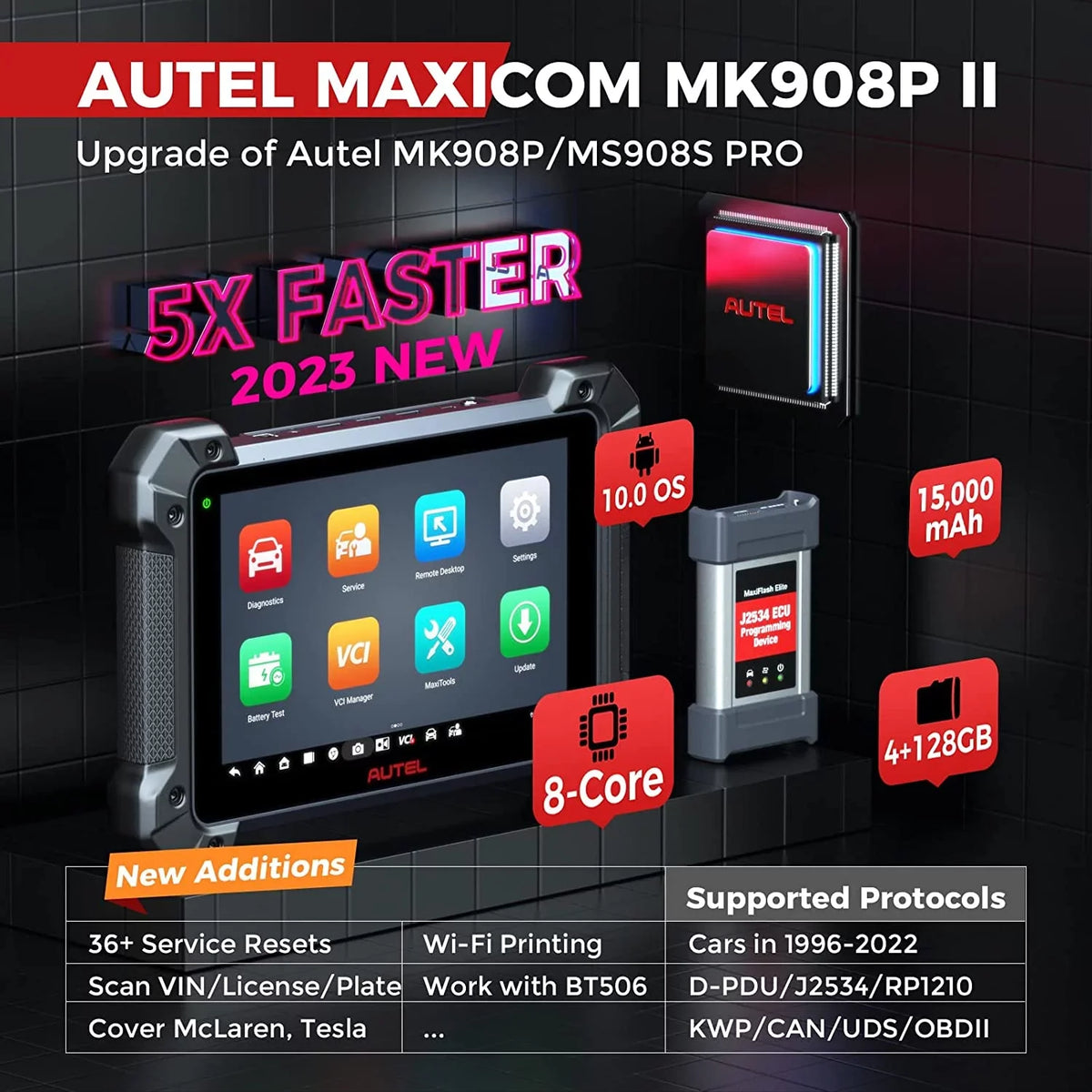 Autel MaxiCOM MK908 Pro II Car Diagnostic Scan Tool J2534 Programming ECU Coding Bi-directional; 38+ Services;J2534 Pass-Thru; AutoScan 2.0