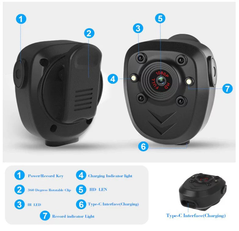 Mini Body Camera Video Recorder; Wearable Police Body cam with Night Vision; Built-in 32GB Memory Card; HD1080P;Record Video;Night Vision; 4-6HR Battery Life; Law Enforcement; Security Guard; Home