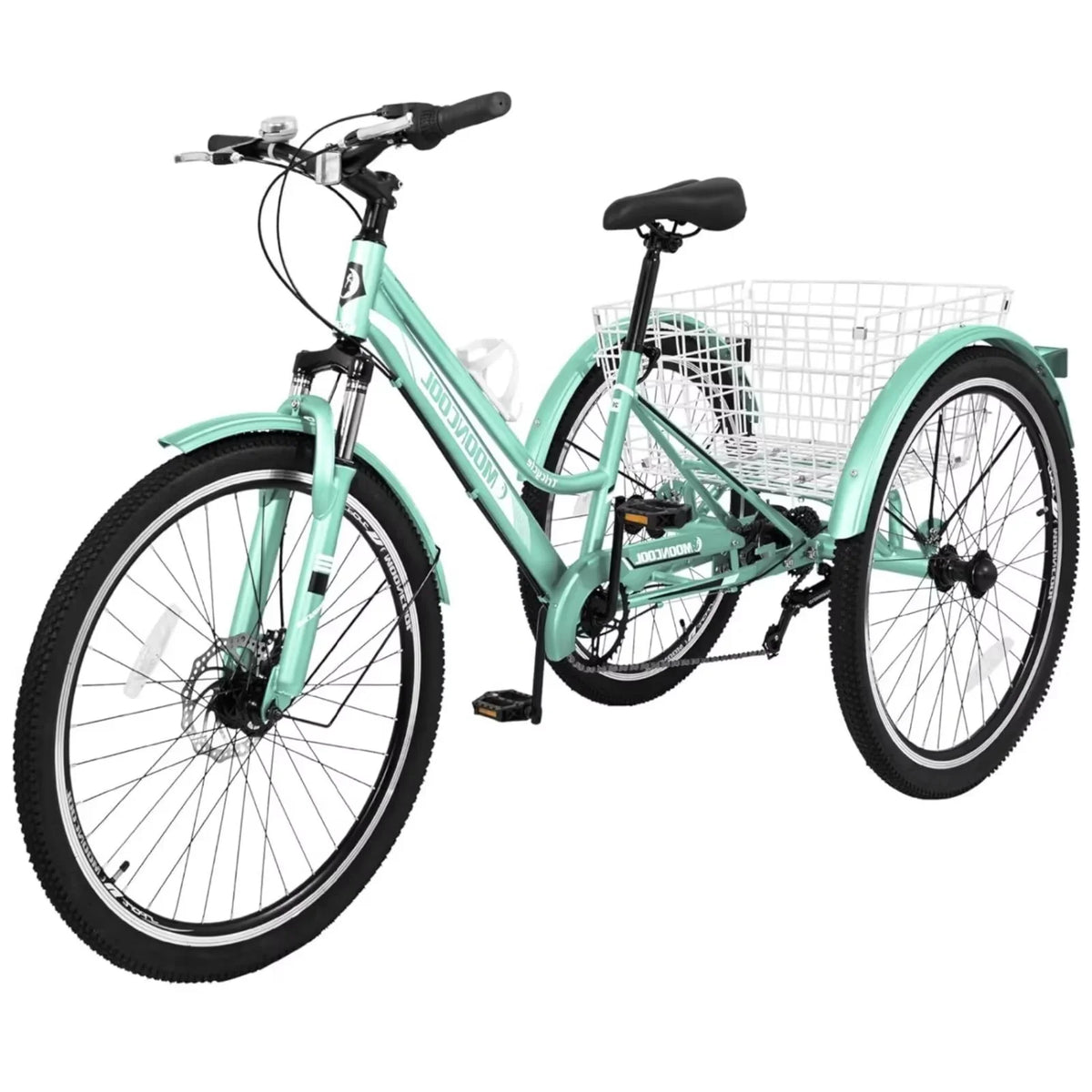 MOPHOTO Adults Mountain Tricycles; 24"/26"/27.5" 7-Speed Heavy Duty Trikes w/Spacious Basket 3-Wheeled Bike for Adventurous Rides; Shopping; Exercise; and Recreation