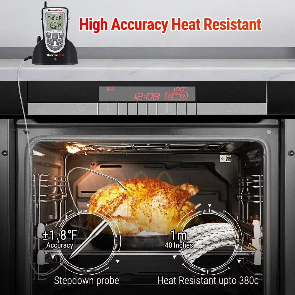 Wireless Remote Thermometer Probe BBQ Grill Meat Kitchen Oven Food Cooking Smoke; ThermoPro; LCD