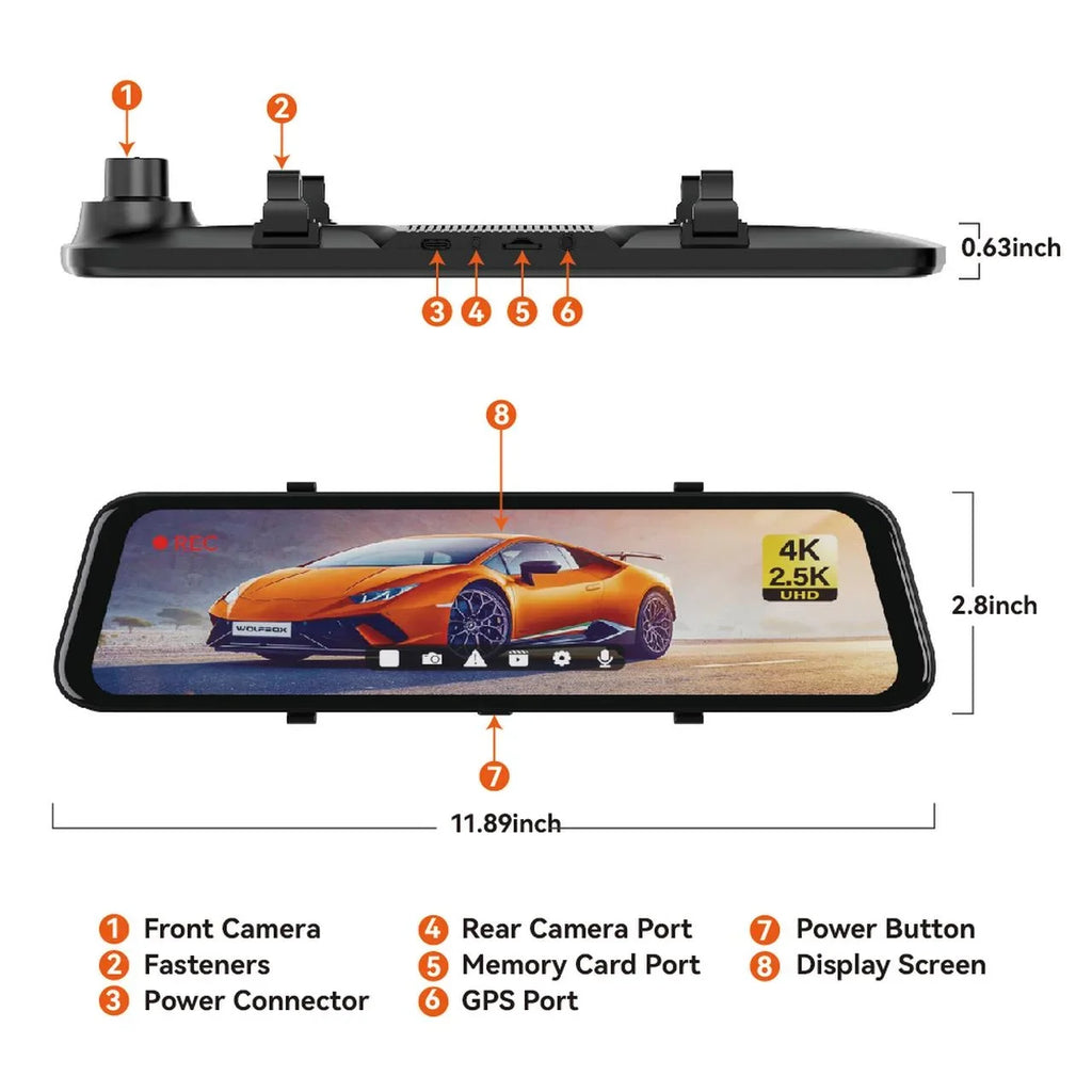 WOLFBOX 12" Rear View Mirror Dash Cam; 4K Mirror Dash Cam Front and 2.5K Rear Camera; Rearview Dash Camera for Car with WDR; Night Vision; Free 64GB Card & GPS