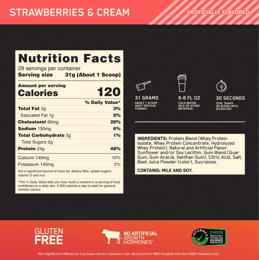 Optimum Nutrition; Gold Standard 100% Whey Protein Powder; 24 g Protein; Strawberries & Cream; 1.98 lb; 29 Servings