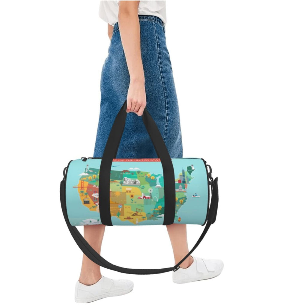Coaee USA Tourist Map Large Capacity Travel Luggage Bag Cylinder Gym Bag Liquidproof Sports Bag with Pocket and Compartment