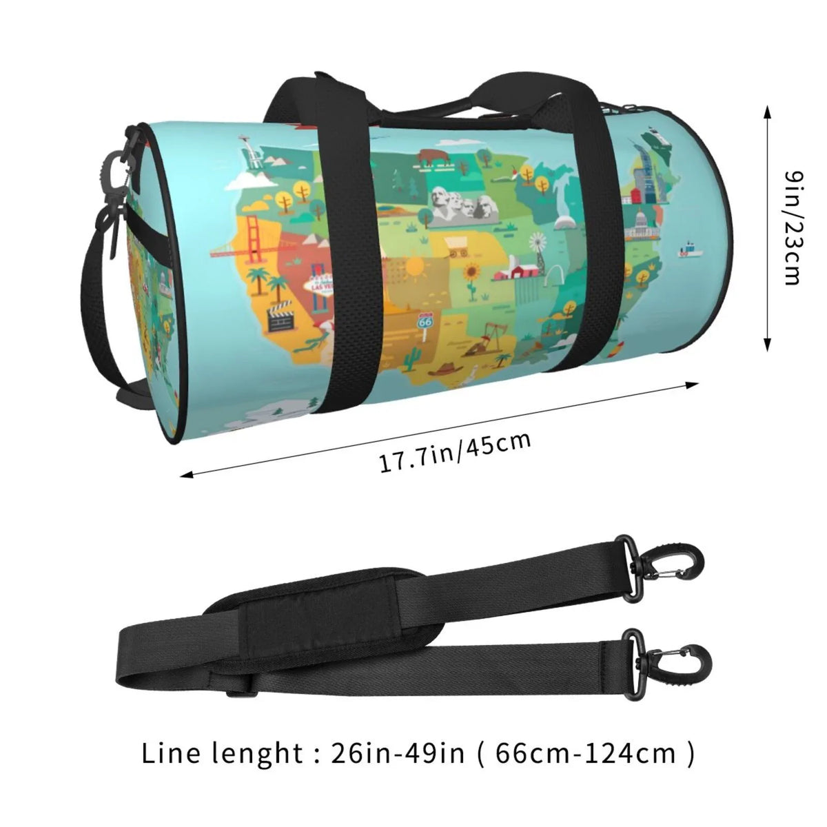 Coaee USA Tourist Map Large Capacity Travel Luggage Bag Cylinder Gym Bag Liquidproof Sports Bag with Pocket and Compartment