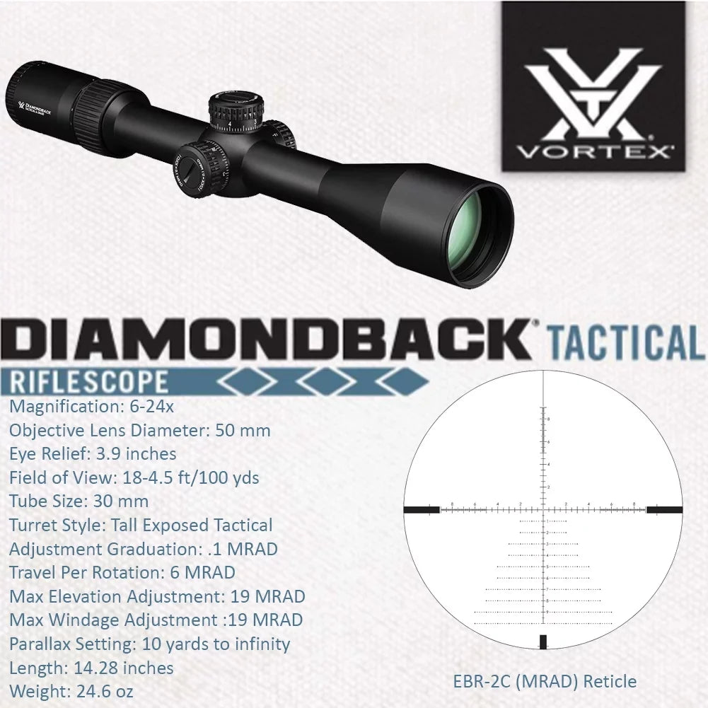 Vortex Optics Diamondback Tactical 6-24x50 FFP EBR-2C (MRAD) Riflescope with Vortex High Rings (1.18in; 30mm) and Free Hat Bundle