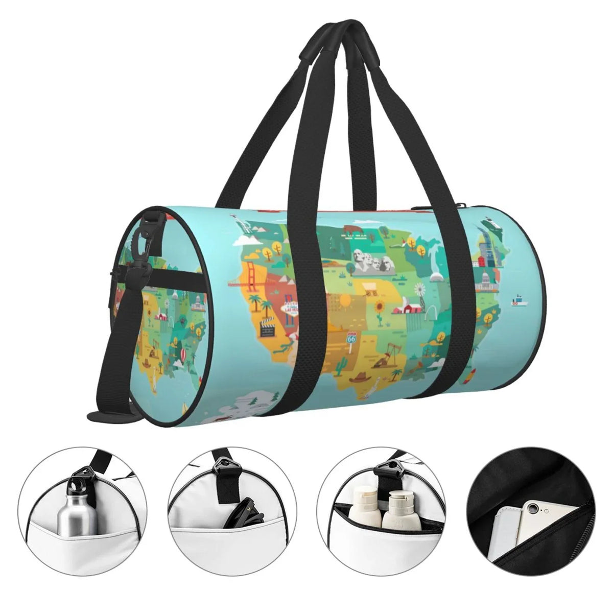 Coaee USA Tourist Map Large Capacity Travel Luggage Bag Cylinder Gym Bag Liquidproof Sports Bag with Pocket and Compartment