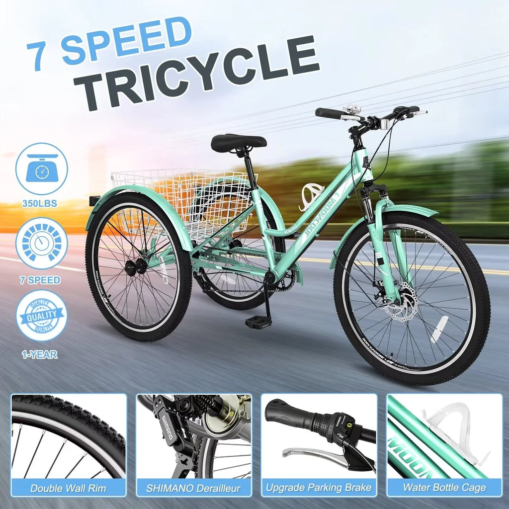MOPHOTO Adults Mountain Tricycles; 24"/26"/27.5" 7-Speed Heavy Duty Trikes w/Spacious Basket 3-Wheeled Bike for Adventurous Rides; Shopping; Exercise; and Recreation